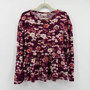 LOFT Womens Medium Plum Pink Floral Peplum Top Long Sleeve Knit Crew Neck